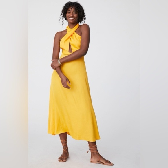 Anthropologie Farm Rio Yellow Halter Maxi Dress Size Small - Picture 1 of 9
